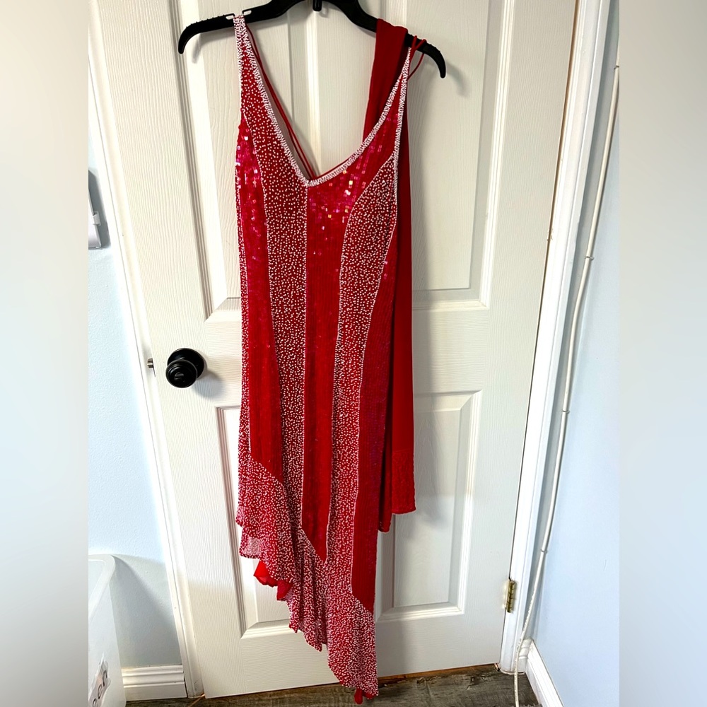 Beautiful red sequins evening gown with matching shawl & asymmetrical hem line